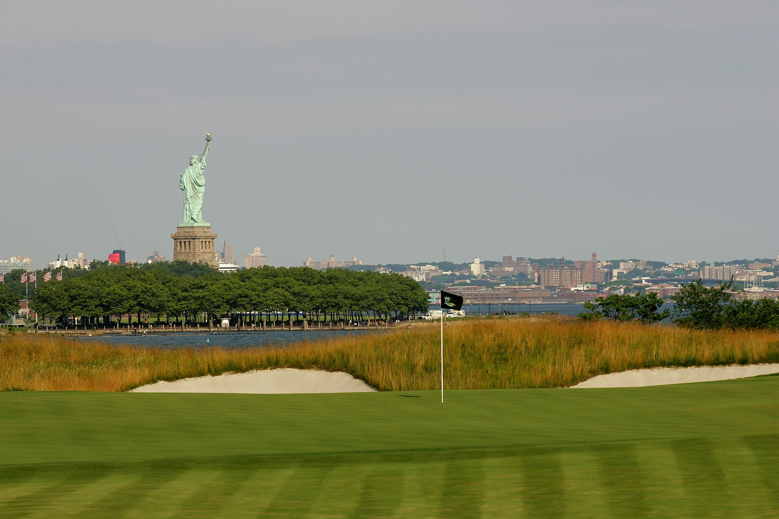 A view of the Statue of Liberty from the Liberty National Golf Club
